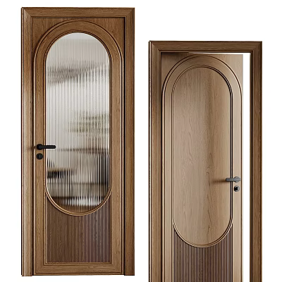 Wooden Hinged Door With Oval Glass Panel And Solid Wood Design 3d model