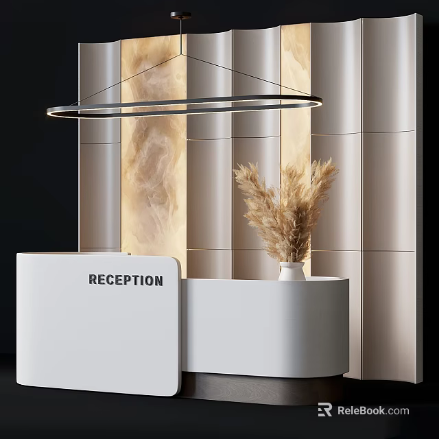 Modern White Reception Desk Interior With Circular Pendant Light And Dried Pampas Grass Decor 3d model 