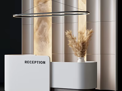 Modern White Reception Desk Interior With Circular Pendant Light And Dried Pampas Grass Decor 3d model