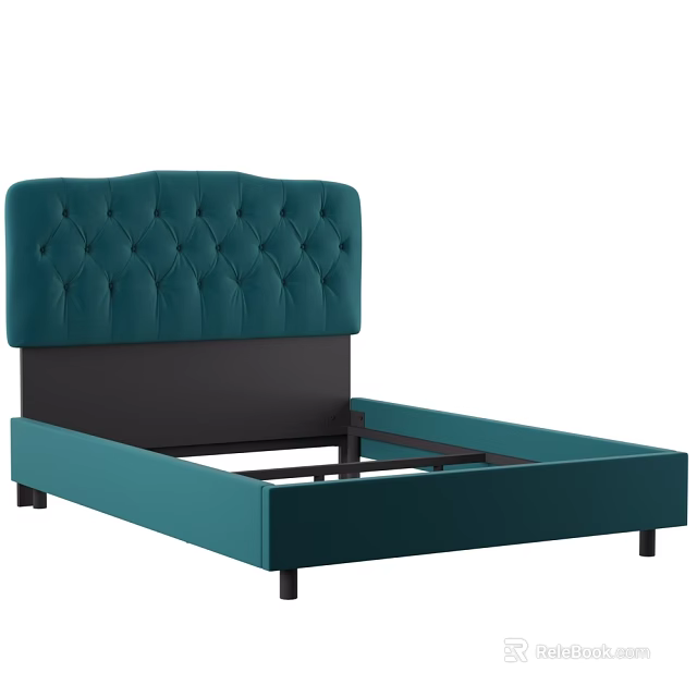 Teal Double Bed With Button Tufted Upholstered Headboard And Modern Frame 3d model