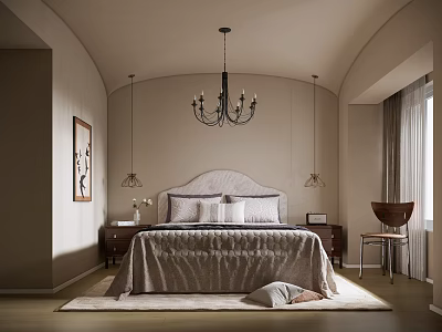 Elegant Beige Bedroom Interior Design With Arched Ceiling Chandelier Nightstands Area Rug And Accent Chair 3d model
