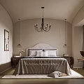 Elegant Beige Bedroom Interior Design With Arched Ceiling Chandelier Nightstands Area Rug And Accent Chair
