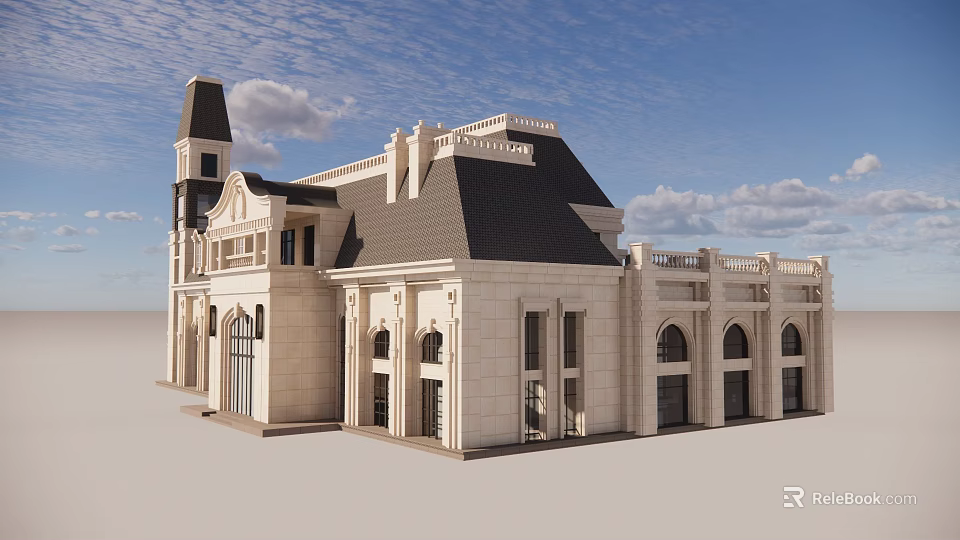 Classical Sales Office Building With Tower Pitched Roof Arched Windows And Stone Exterior 3d model 
