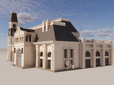 Classical Sales Office Building With Tower Pitched Roof Arched Windows And Stone Exterior 3d model