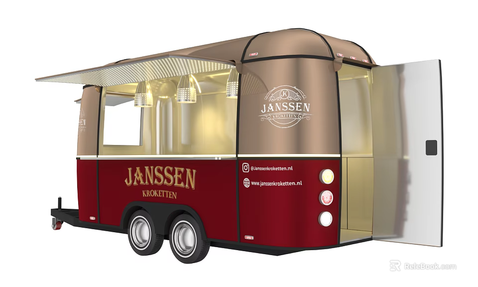 Janssen Broodjes Red And Gold Food Truck With Awning Lights Website And Social Media 3d model 