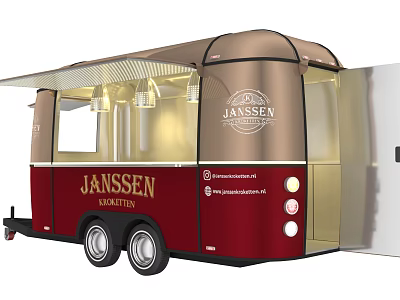 Janssen Broodjes Red And Gold Food Truck With Awning Lights Website And Social Media 3d model