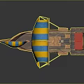 Wooden Watercraft With Yellow And Blue Striped Sails And Red Deck Features