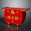 Red Entryway Cabinet Side Cabinet With Golden Decorations Gourd Shaped Accents And Black Top