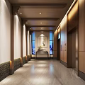 Wooden Reception Area Interior With Marble Counter Display Shelves Chandeliers And Landscape Painting