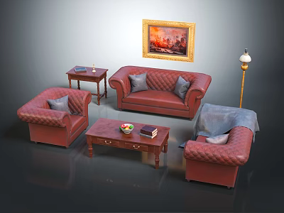 Red Leather Sofa Coffee Table Set With Gray Pillows Side Table Gold Framed Wall Painting and Floor Lamp 3d model