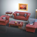 Red Leather Sofa Coffee Table Set With Gray Pillows Side Table Gold Framed Wall Painting and Floor Lamp
