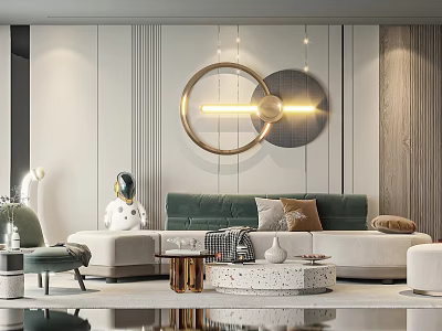 Elegant Modern Living Room Interior With Green Sofa Coffee Table Set And Decorative Pillows 3d model