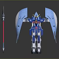 Blue And White Robot Character With Mechanical Wings And Red Spear Weapon