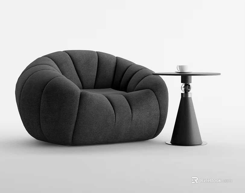 Modern Black Plush Round Single Sofa With Side Small Round Table And Coffee Cup 3d model