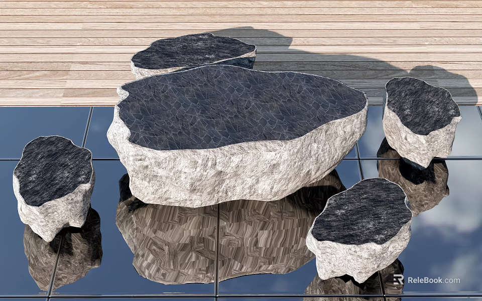Modern Natural Stone Table And Chair Set With Irregular Shape And Reflective Surface 3d model