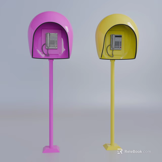 Pink And Yellow Telephone Booths With Open Design And Public Phone Equipment 3d model 