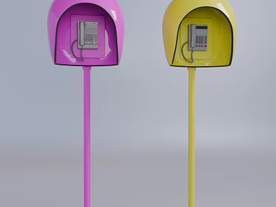Pink And Yellow Telephone Booths With Open Design And Public Phone Equipment 3d model