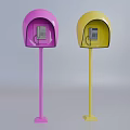Pink And Yellow Telephone Booths With Open Design And Public Phone Equipment