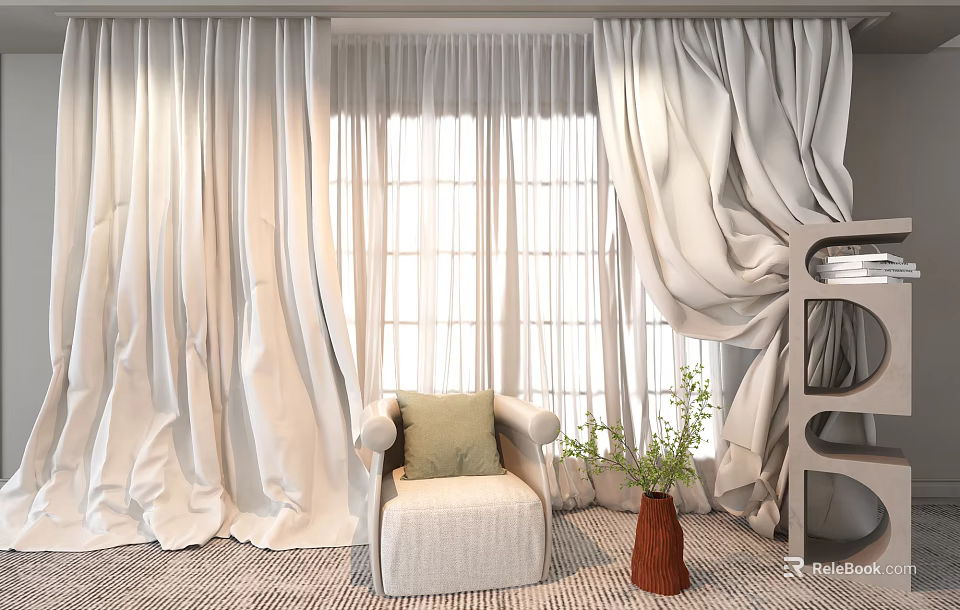 Beige Curtains with Elegant Drapes in Bright Window Interior with Armchair and Green Cushion 3d model 