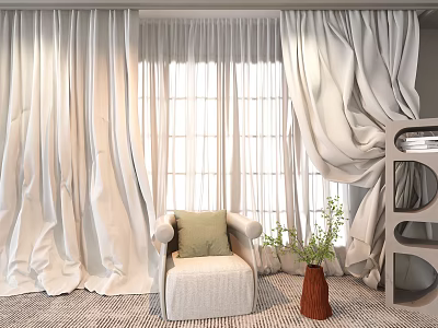 Beige Curtains with Elegant Drapes in Bright Window Interior with Armchair and Green Cushion 3d model