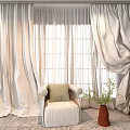 Beige Curtains with Elegant Drapes in Bright Window Interior with Armchair and Green Cushion