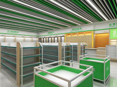 Bright Green And White Specialty Store Interior With Shelves Counters And Ceiling Design 3d model