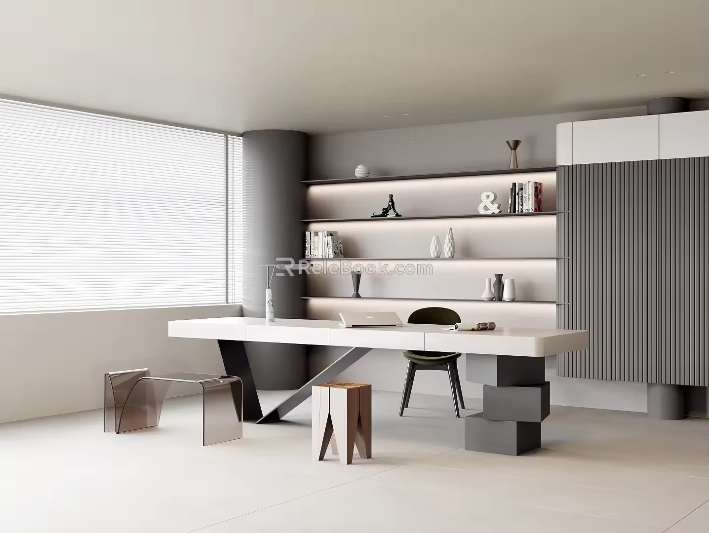 Modern Minimalist Study Minimalist Study Minimalist Desk Casual Single Chair Acrylic Bench Wooden Square Stool Background Decorative Shelf Bookshelf Tablet Desk Lamp 3d model