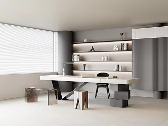 Modern Minimalist Study Minimalist Study Minimalist Desk Casual Single Chair Acrylic Bench Wooden Square Stool Background Decorative Shelf Bookshelf Tablet Desk Lamp 3d model