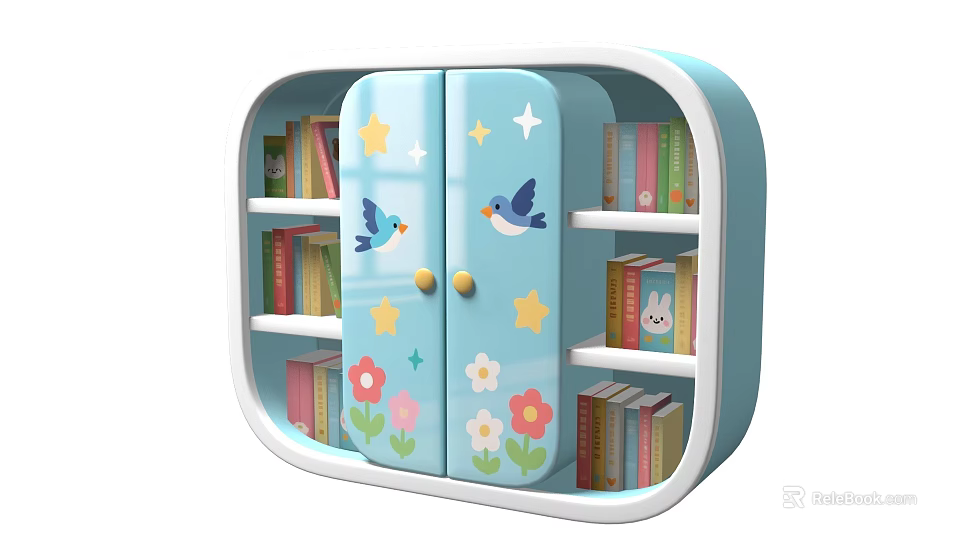 Cute Blue Kids Bookcase With Star Bird Flower Doors And Open Shelves 3d model 