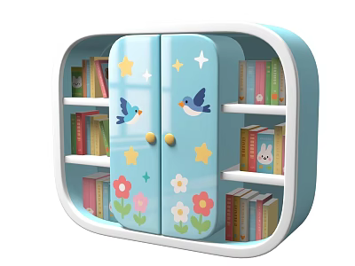 Cute Blue Kids Bookcase With Star Bird Flower Doors And Open Shelves 3d model