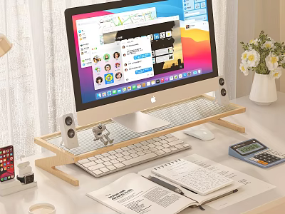 Practical Desk Workspace With Computer Monitor Wooden Stand Open Notebook Calculator And Flower Vase 3d model