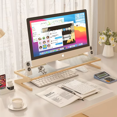 Practical Desk Workspace With Computer Monitor Wooden Stand Open Notebook Calculator And Flower Vase 3d model