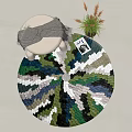 Modern Round Patchwork Rug in Green Blue White Black Tones with Stool Plant
