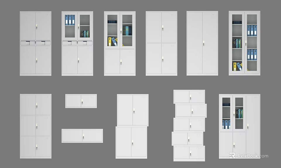 Contemporary White Bookcase Styles With Open Shelves And Glass Door Storage Units 3d model 