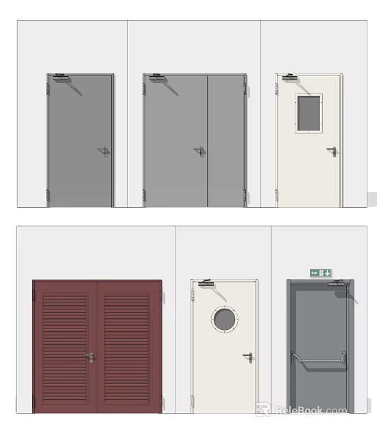 Different Door Designs Featuring Gray White Red And Exit Sign Variations 3d model 