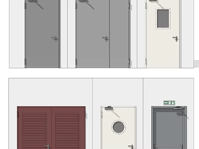 Different Door Designs Featuring Gray White Red And Exit Sign Variations 3d model