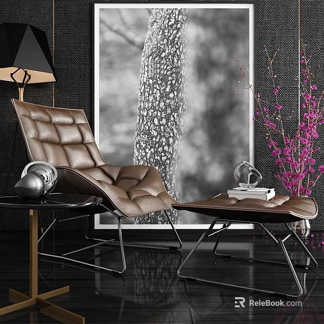 Brown Leather Lounge Chair With Ottoman And Decorative Painting Table Lamp Purple Flowers 3d model 
