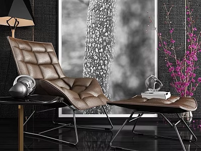 Brown Leather Lounge Chair With Ottoman And Decorative Painting Table Lamp Purple Flowers 3d model