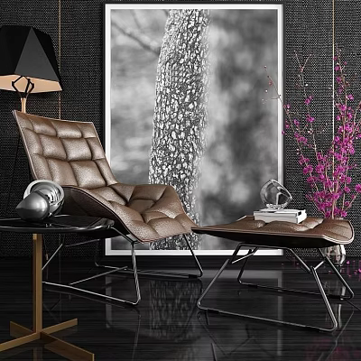 Brown Leather Lounge Chair With Ottoman And Decorative Painting Table Lamp Purple Flowers 3d model