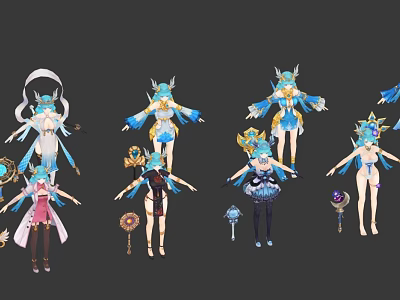 Anime Game Characters With Various Costumes Weapons Wings Headdresses And Blue White Pink Colors 3d model