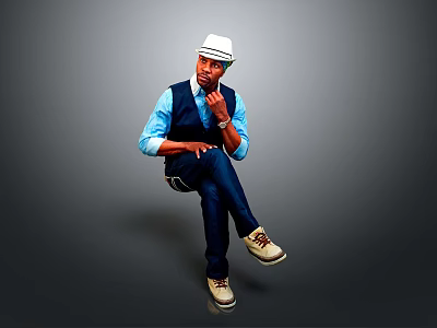 Man Wearing White Hat Blue Shirt Dark Vest Sitting Against Gray Background with Dark Pants White Shoes 3d model