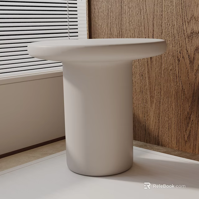 Minimalist White Sleek Side Table in Indoor Space with Wooden Wall and Window Blinds 3d model 