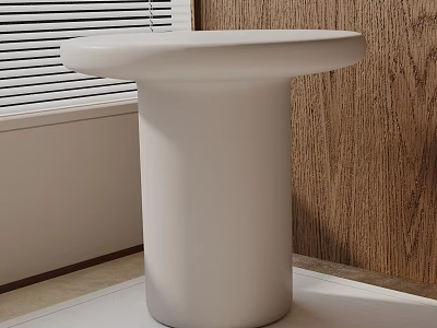 Minimalist White Sleek Side Table in Indoor Space with Wooden Wall and Window Blinds 3d model