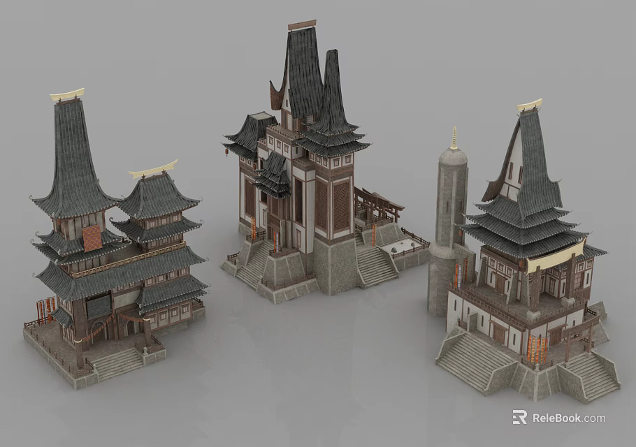 Ancient Chinese Architecture Models With Multi Tiered Towers And Curved Eaves 3d model