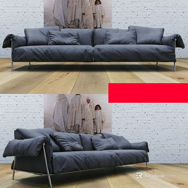 Grey Upholstered Two Seater Sofa With Metal Legs On Wooden Floor And Brick Wall 3d model 