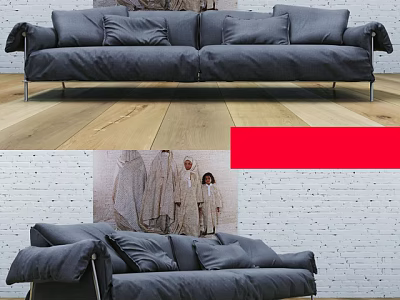 Grey Upholstered Two Seater Sofa With Metal Legs On Wooden Floor And Brick Wall 3d model