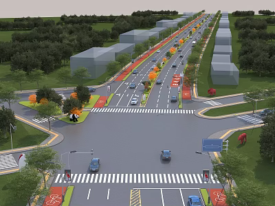 Municipal Road At Intersection With Traffic Lanes Vehicles Greenery And Pedestrian Walkways 3d model