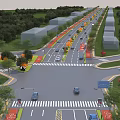 Municipal Road At Intersection With Traffic Lanes Vehicles Greenery And Pedestrian Walkways