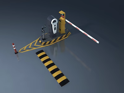 Swing Door Barrier Gate System With Red White Arm Warning Stripes And Speed Bump 3d model