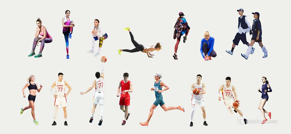 Group of People Exercising in Various Sports Activities Like Basketball Running and Stretching 3d model 